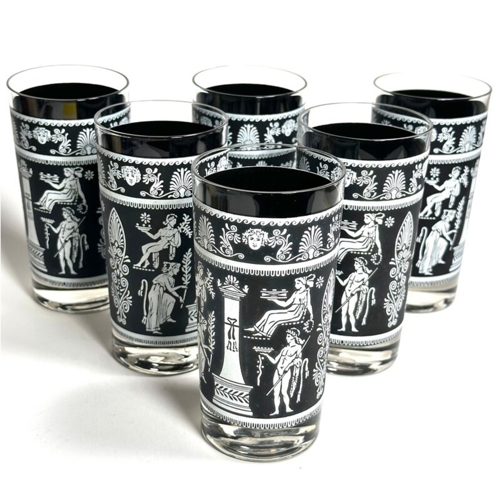Vintage Glass Tumblers, Jeannette, Greek Style, 60s Jasperware, Set Of 6